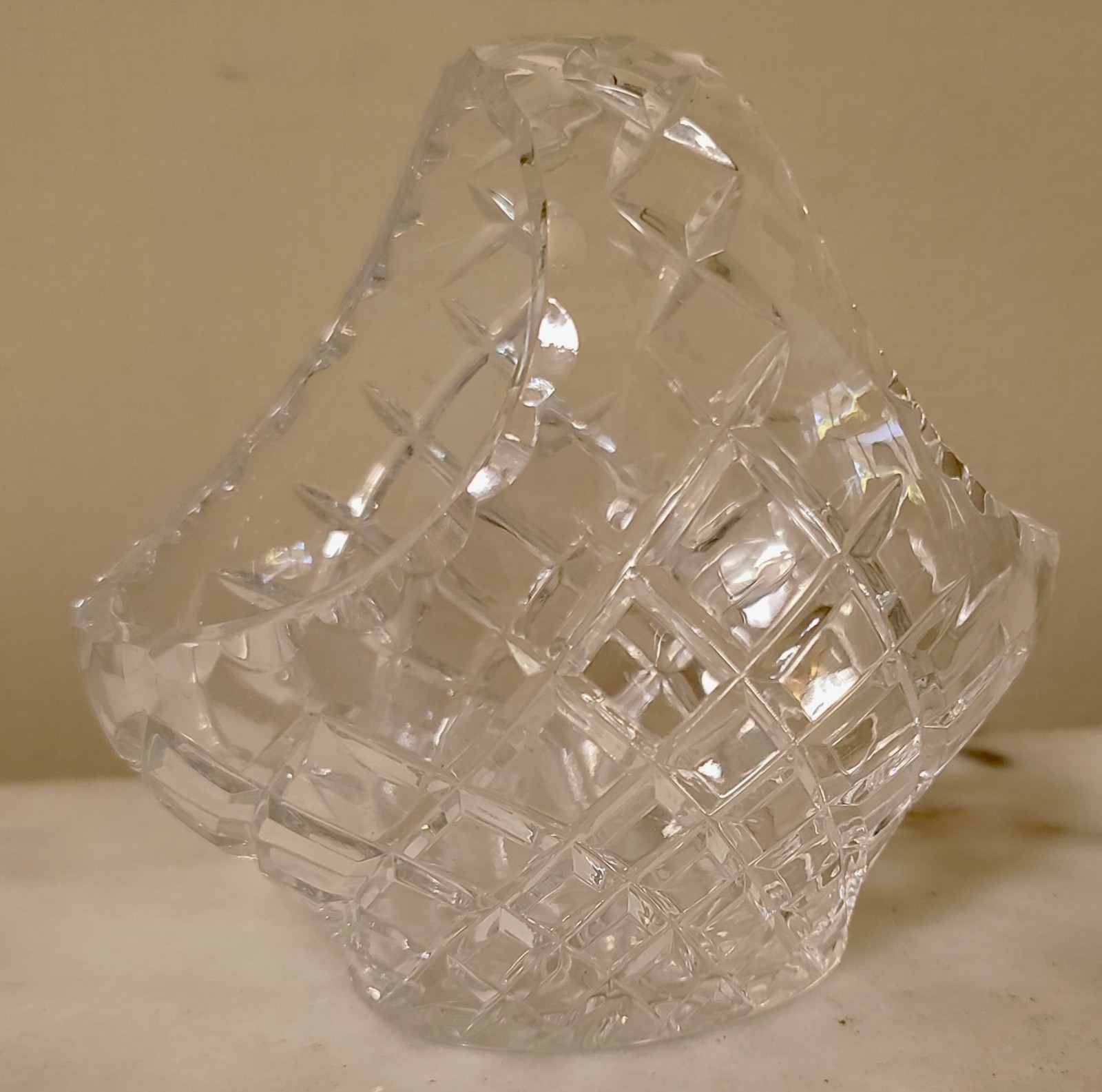 Vintage Cut Glass Small Handled Crystal Basket. Pre-owned