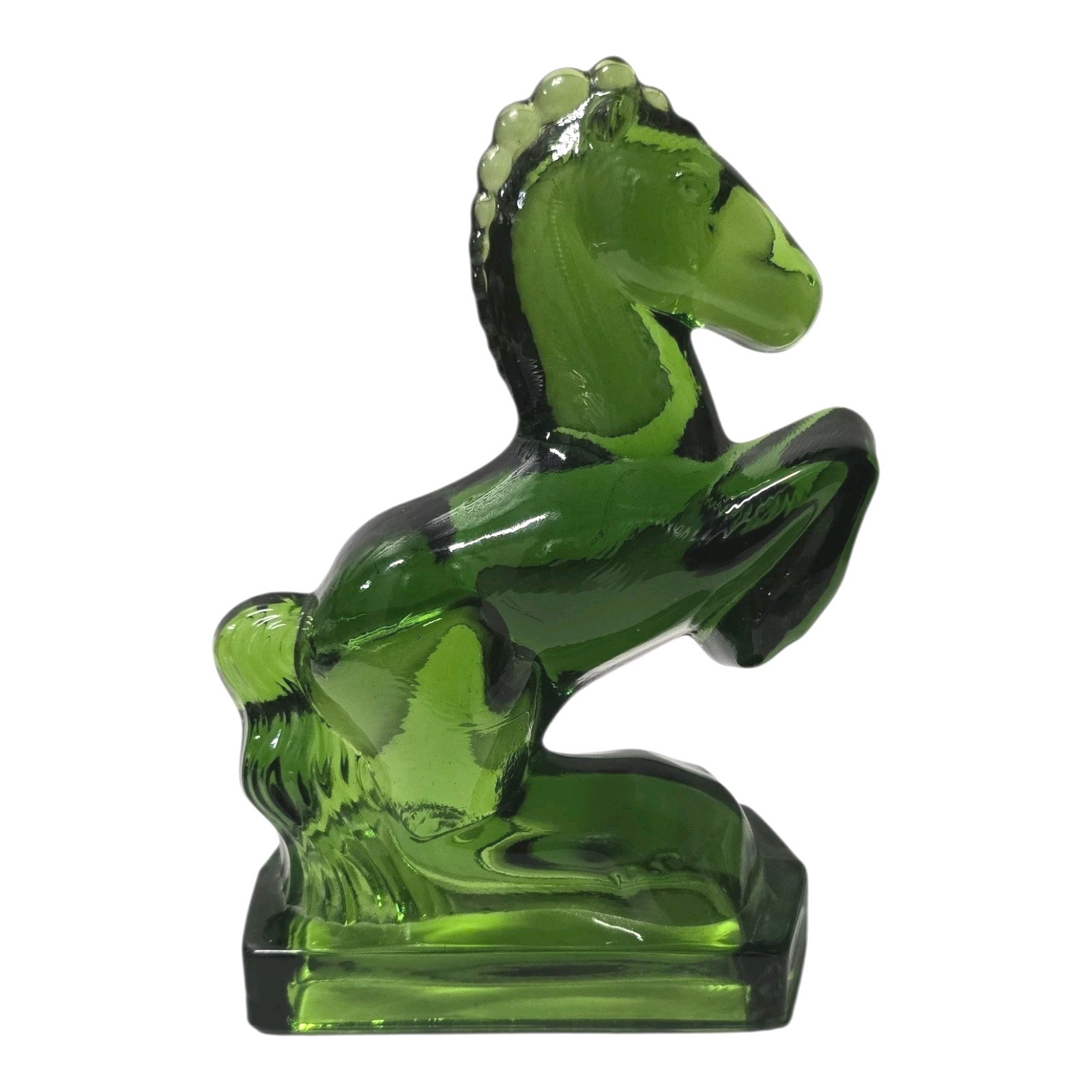 Vintage L.E. Smith Art Deco Green Glass Rearing Horse Figurine