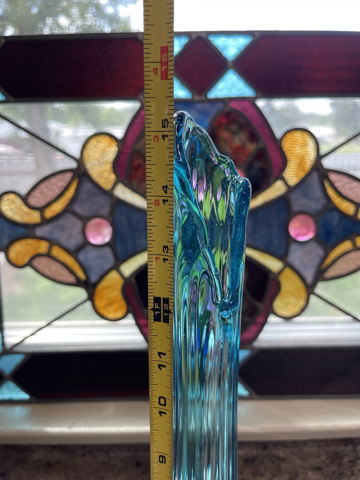 MCM LE Smith Peacock Blue Epic 6 Petal Swung Vase 15 3/10″ Tall Blue Pedestal