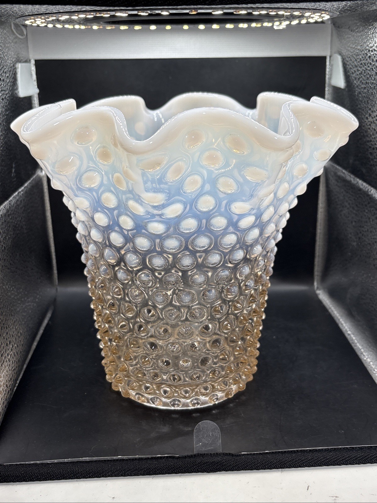 DUNCAN MILLER RUFFLED HOBNAIL Opalescent Peach White Ombré Vase 7.5”