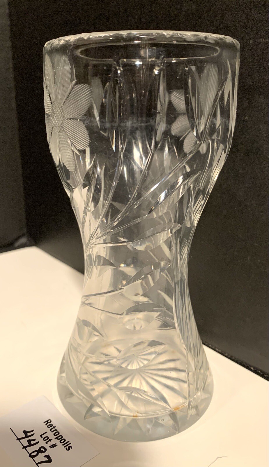 Antique American Brilliant Cut Glass Daisy Corset Hourglass Vase 6″