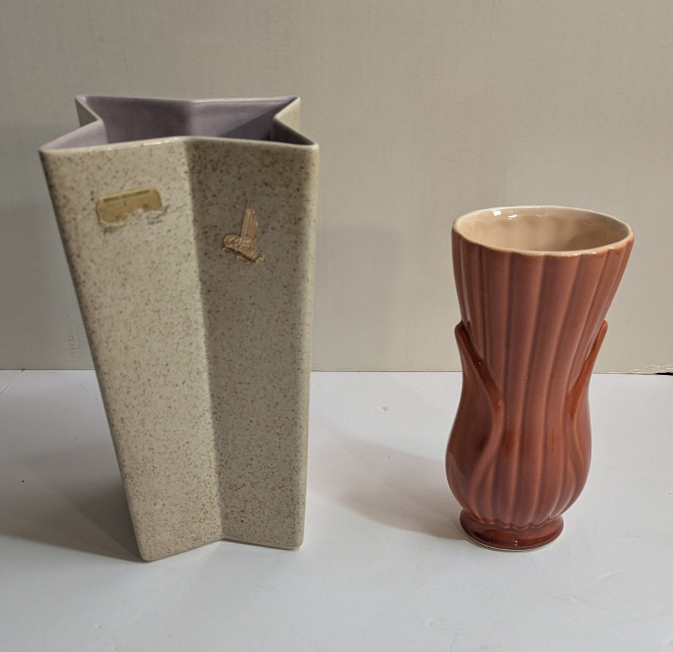 lot x 2 Red Wing Art Pottery Vase prism star and acanthus leaf
