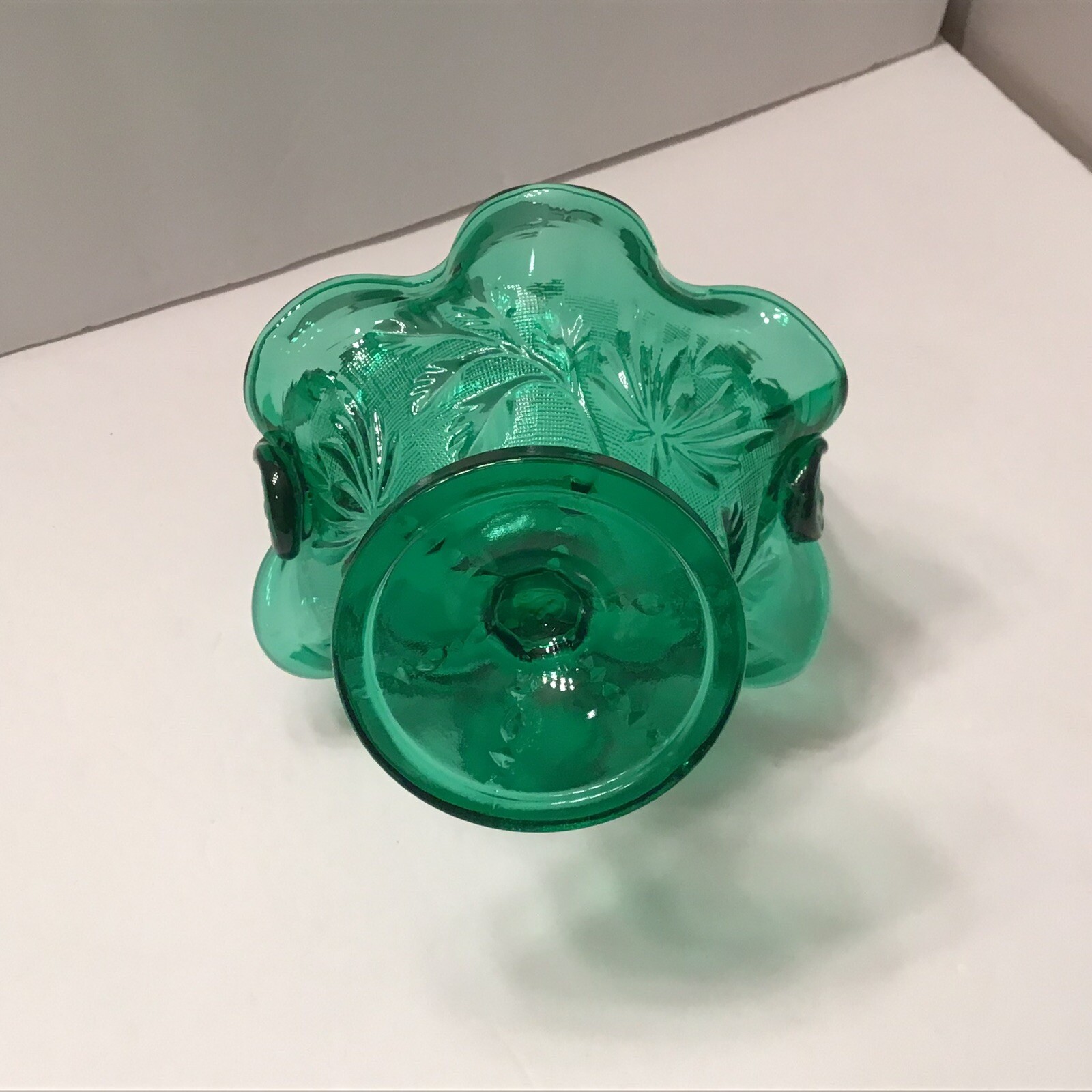 Fenton Glass Handle Flared Footed Green Candy Dish USA Decor Collectible Vtg