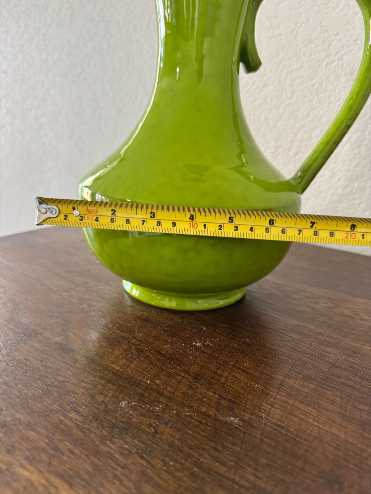 GORGEOUS Green Glazed Ceramic Pitcher Vase With Handle Mid Century Style 12”