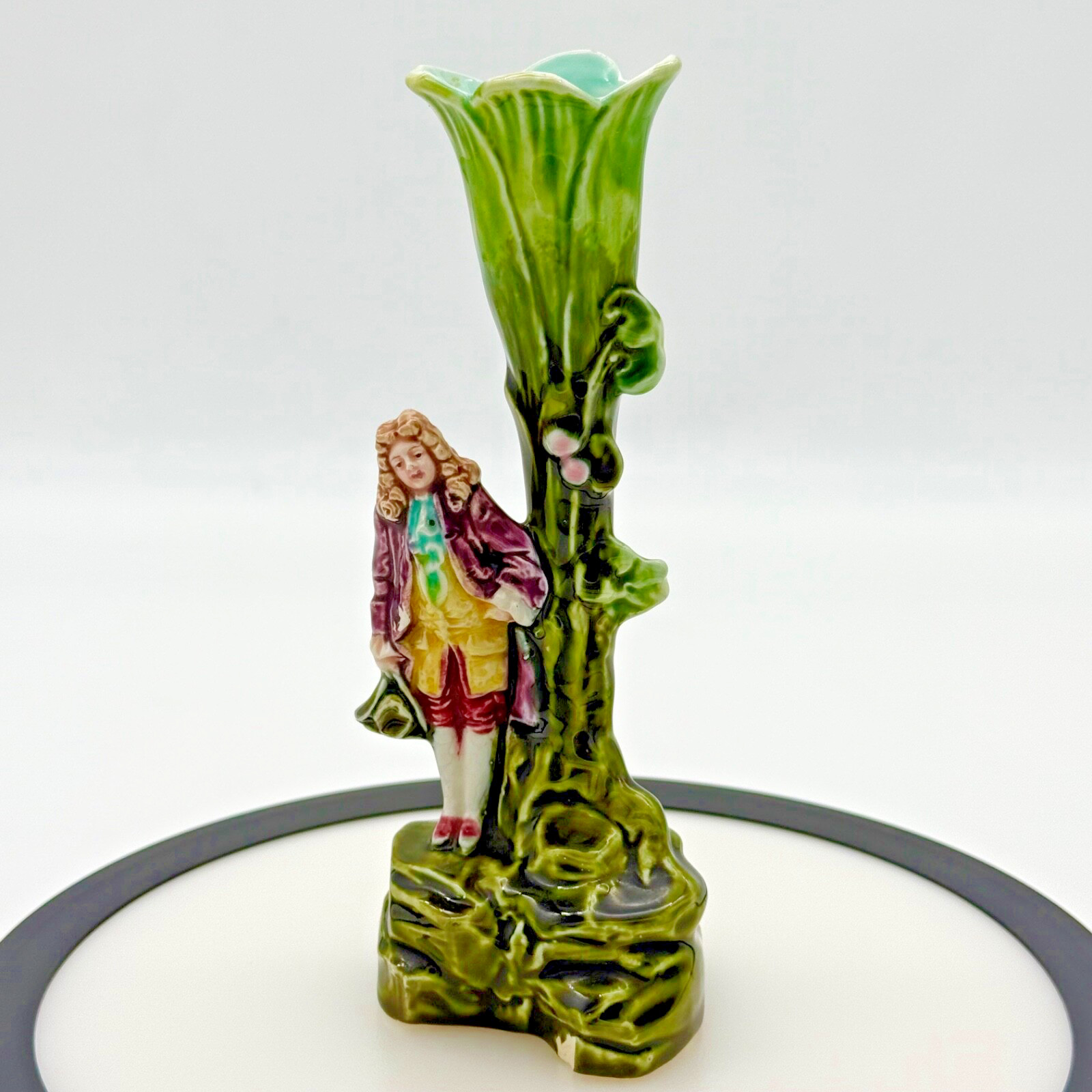 Antique French Majolica Bud Vase Figural Pottery Spill Vase Read