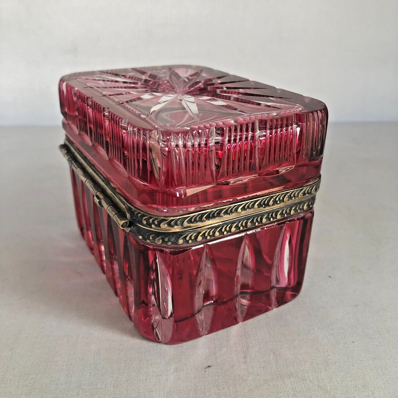 Vintage German Cranberry Color Cut to Clear Hinged Glass Box