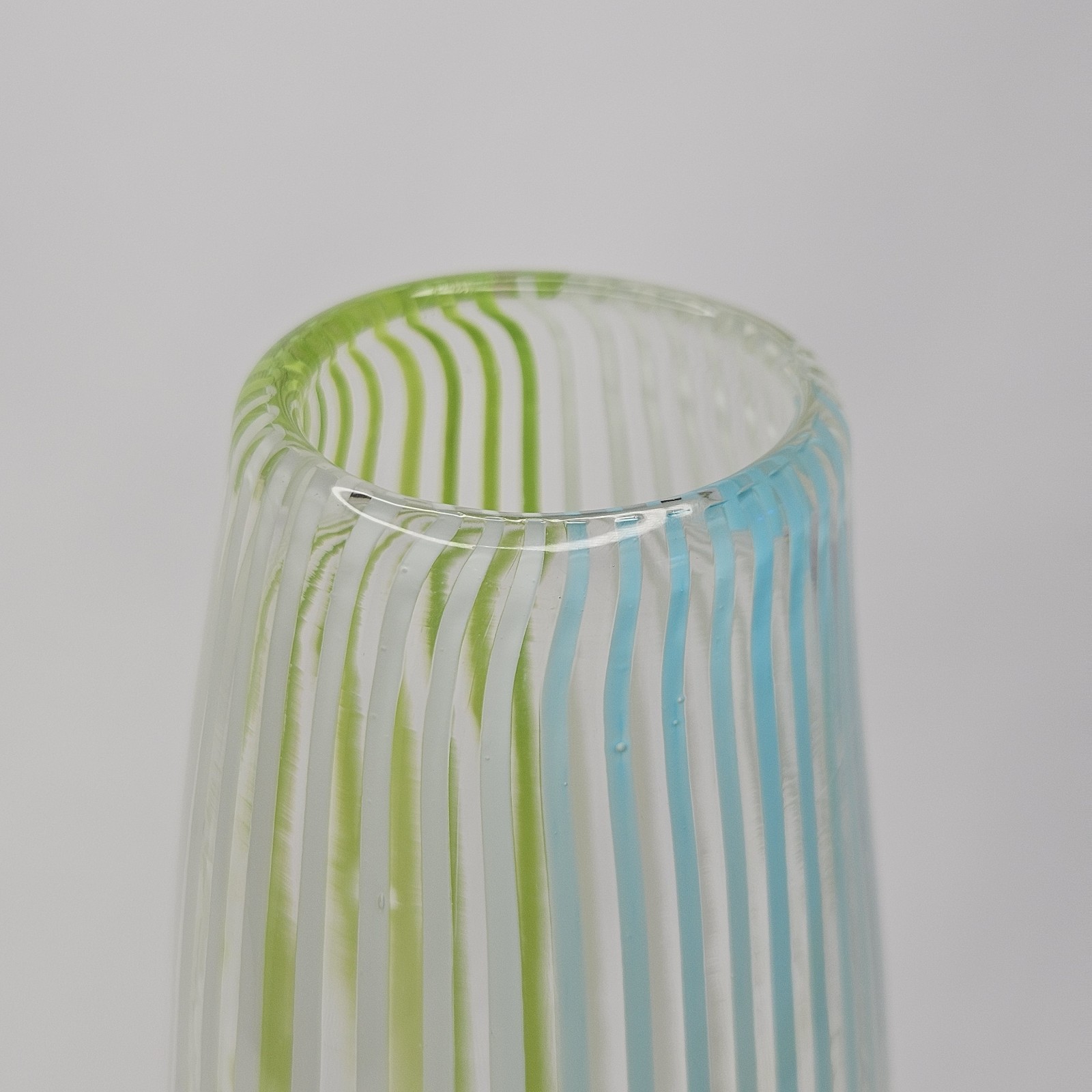 8.5″ Hand Blown Art Glass Vase – Blue White Green Stripe Swirl MCM Murano Style