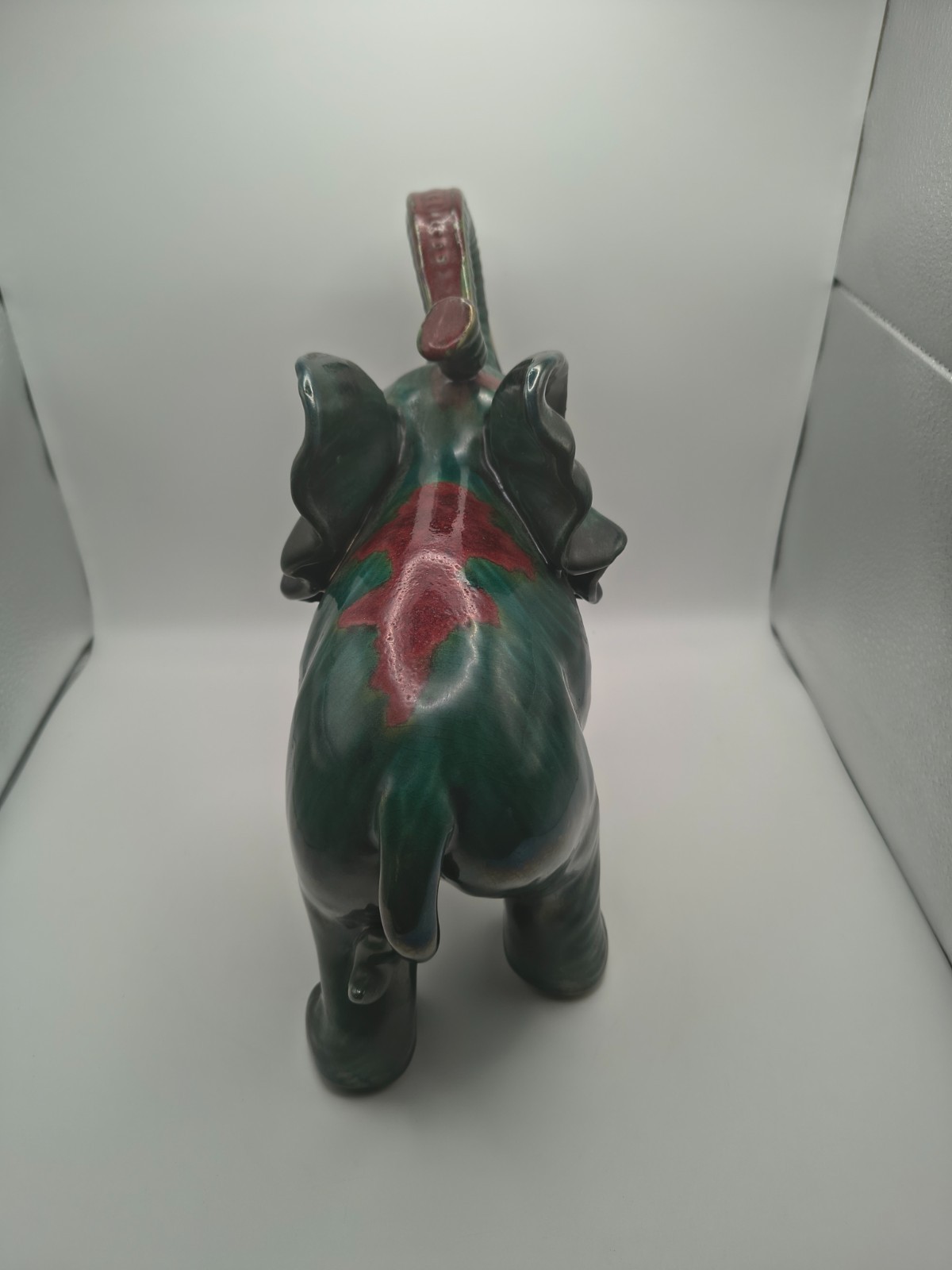 Vtg Elephant Pottery/Ceramic Green Red Glaze 10 inches tall by 11 inches wide