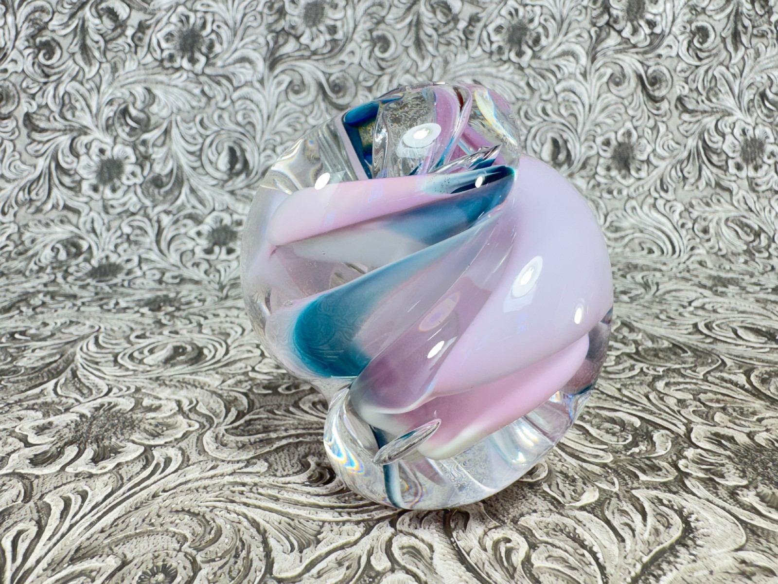 Jim Karg Paperweight Art Glass Swirl Blue Pink SIGNED