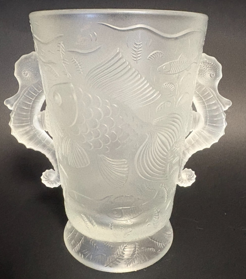 Vintage Art Deco Barolac Frost Glass Vase Josef Inwald 1930 Koi Seahorse Handles