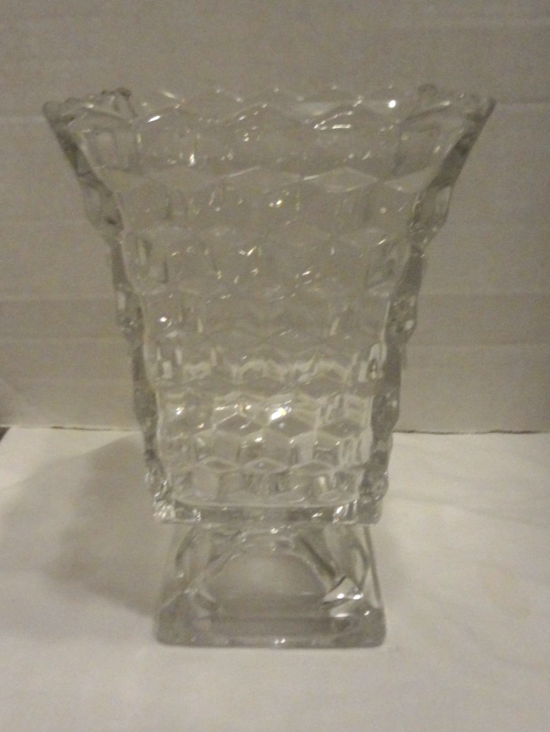 Vintage Fostoria American 2056 Cube Cubist 7.5″ Square Footed Glass Urn Vase 781