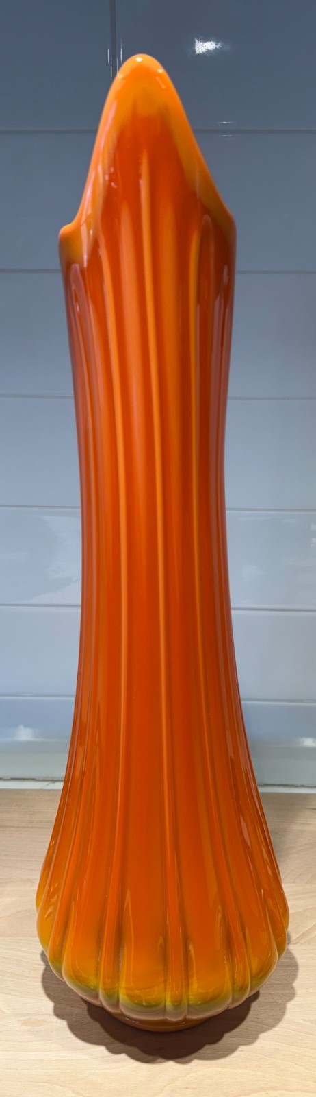 L.E. Smith 21″ Bittersweet Orange Swung Vase Ribbed Shark Bite MCM Glass