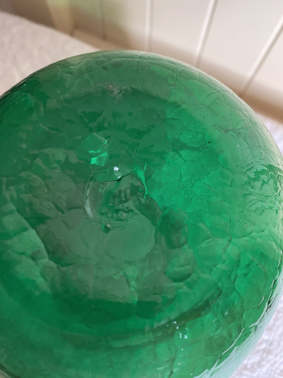 Vintage PILGRIM Green Hand Blown Crackle Glass Short Vase Dimples Pinched 5.5”
