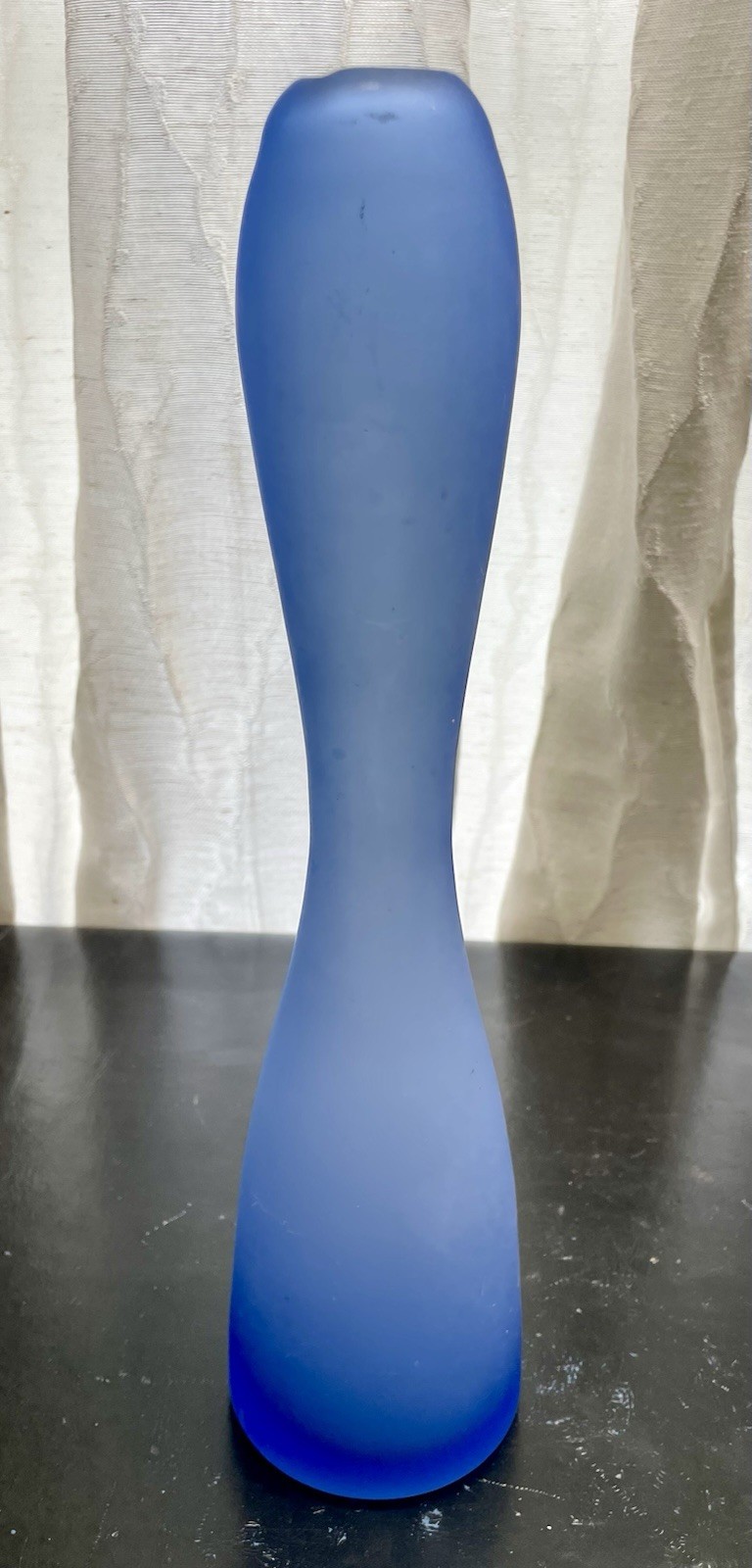 Hand Blown Frosted Blue Glass Hourglass Vase, Satin Frosted Finish 11.5 Inches