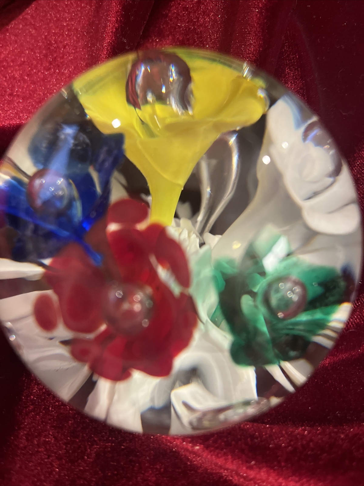 Beautiful And Heavy Glass Paperweight With Vibrant Colored Flowers, 10” Round