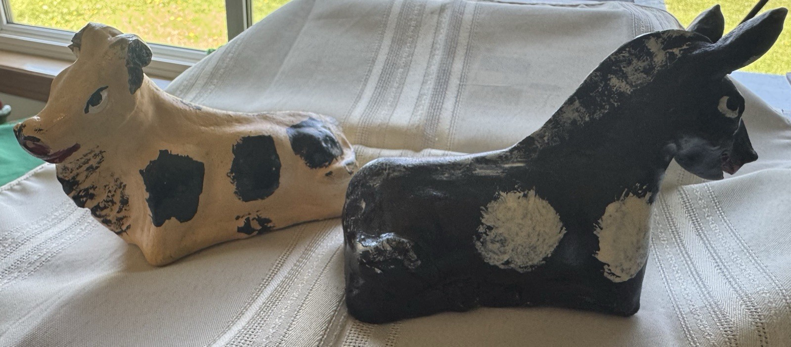2 Handmade Pottery Cow Donkey Nativity Figurines Vintage Primitive Animals
