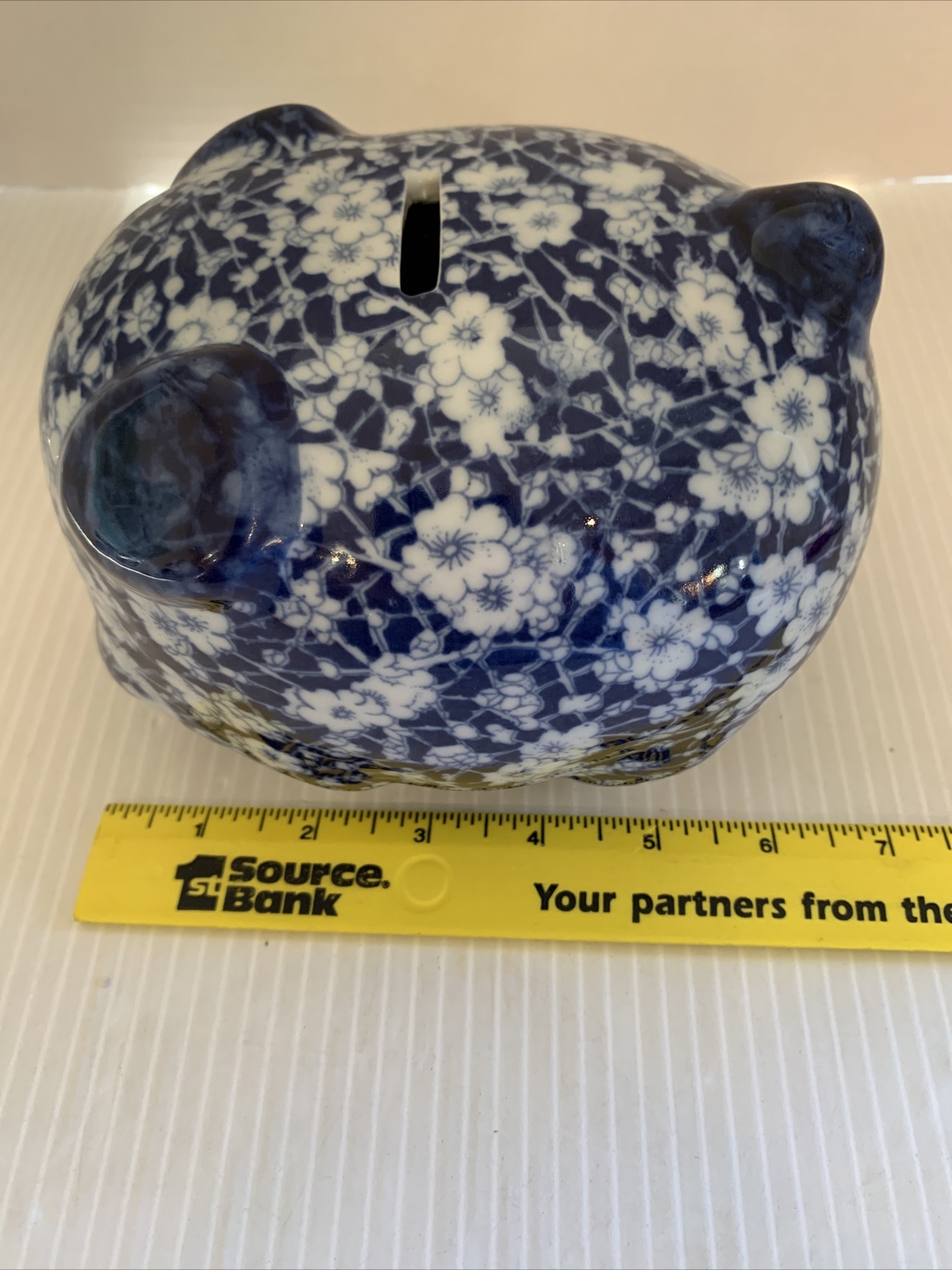 Vintage VICTORIA WARE IRONSTONE Blue White Floral Calico Pattern Piggy Bank EUC