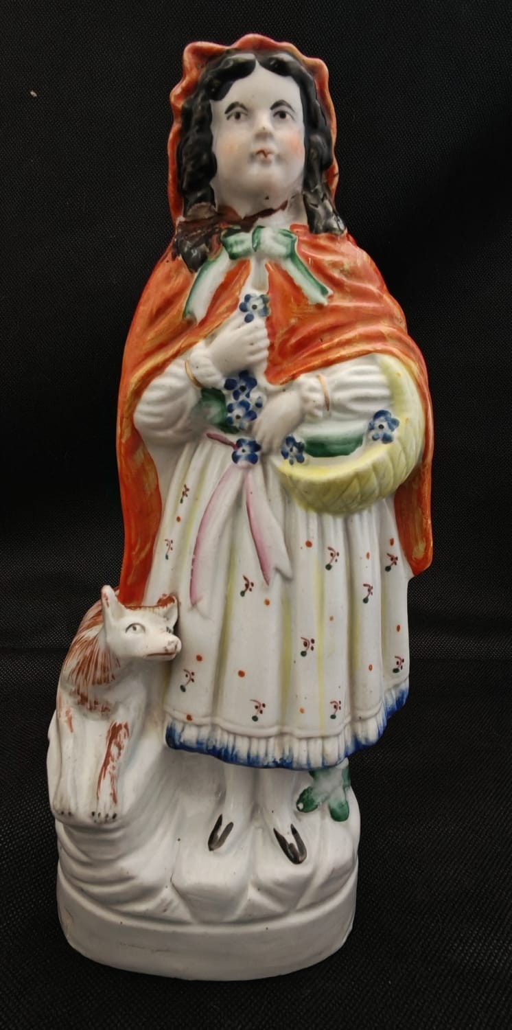 two rare old Staffordshire Figures Little Red Riding Hood & man with bird