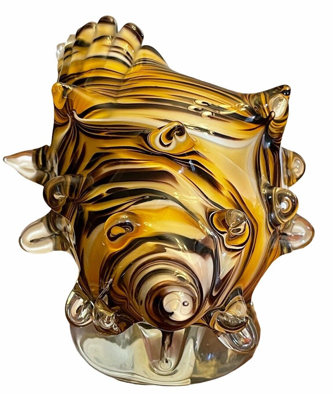 Blown Glass Conch Shell Sculpture on Base Brown Yellow White Stripe 11″ Encased