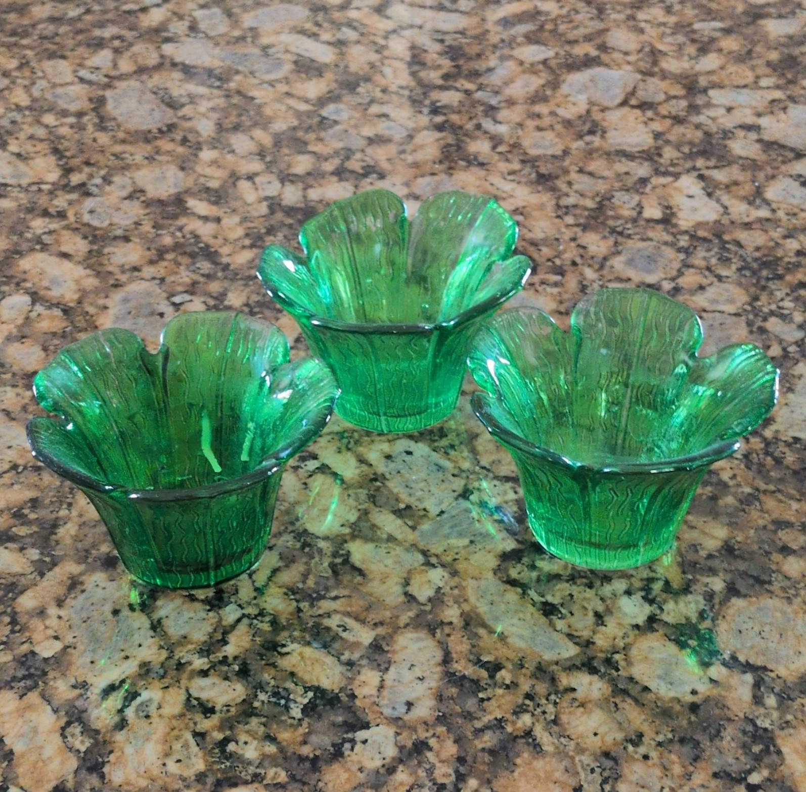 Set of 3 Green Glass Floral Flower Candle Holders for Votive or Tea Light