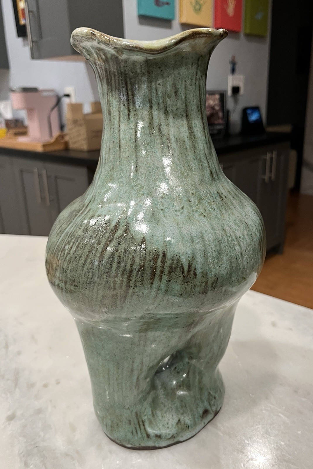 Handmade Seafoam Green Glazed Ceramic Vase. 12.5 x 4.75 Inches.