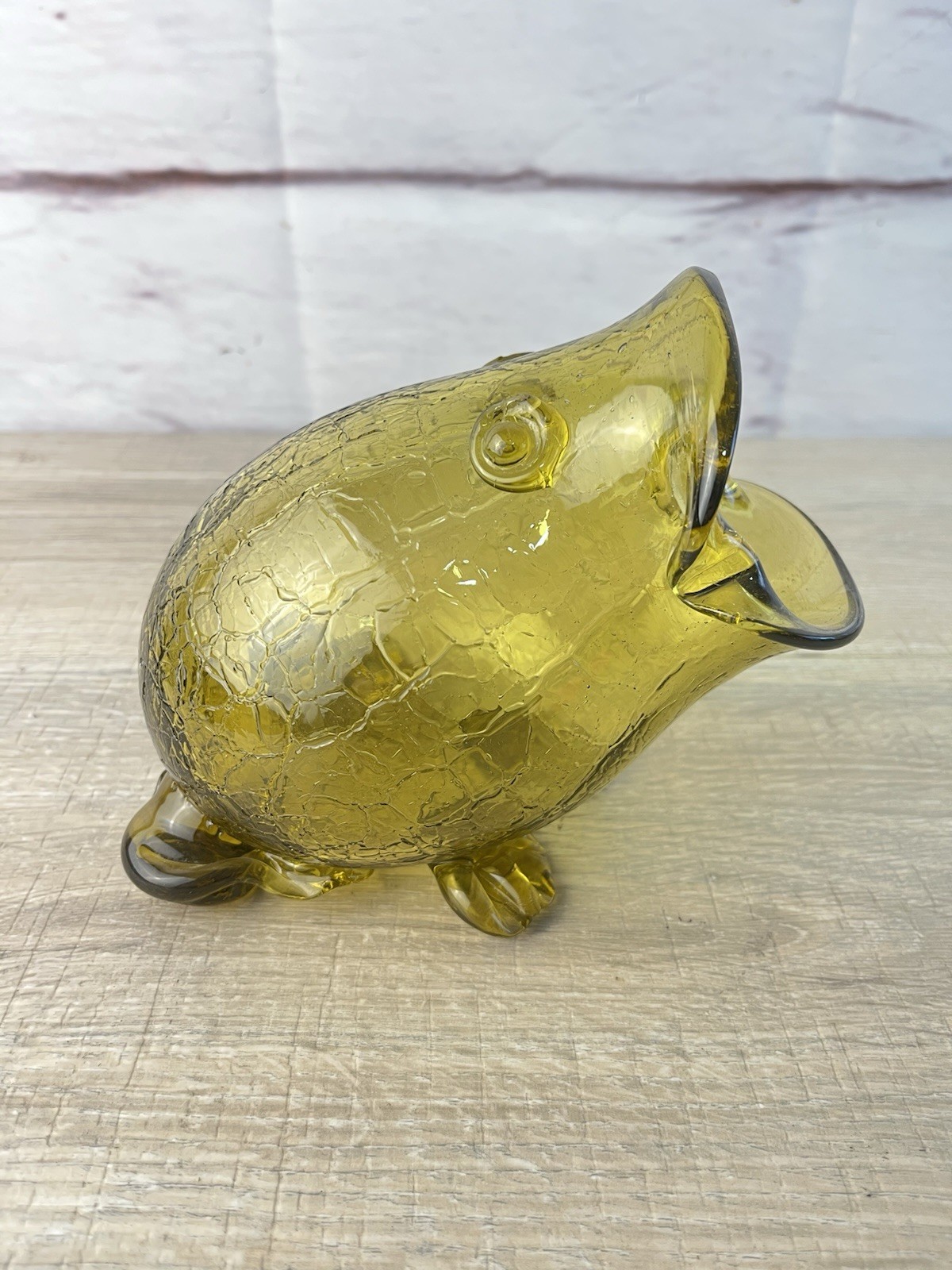 Rare Vtg MCM Yellow Green Crackle Glass Figural Frog Vase Bowl Blenko? Rainbow?