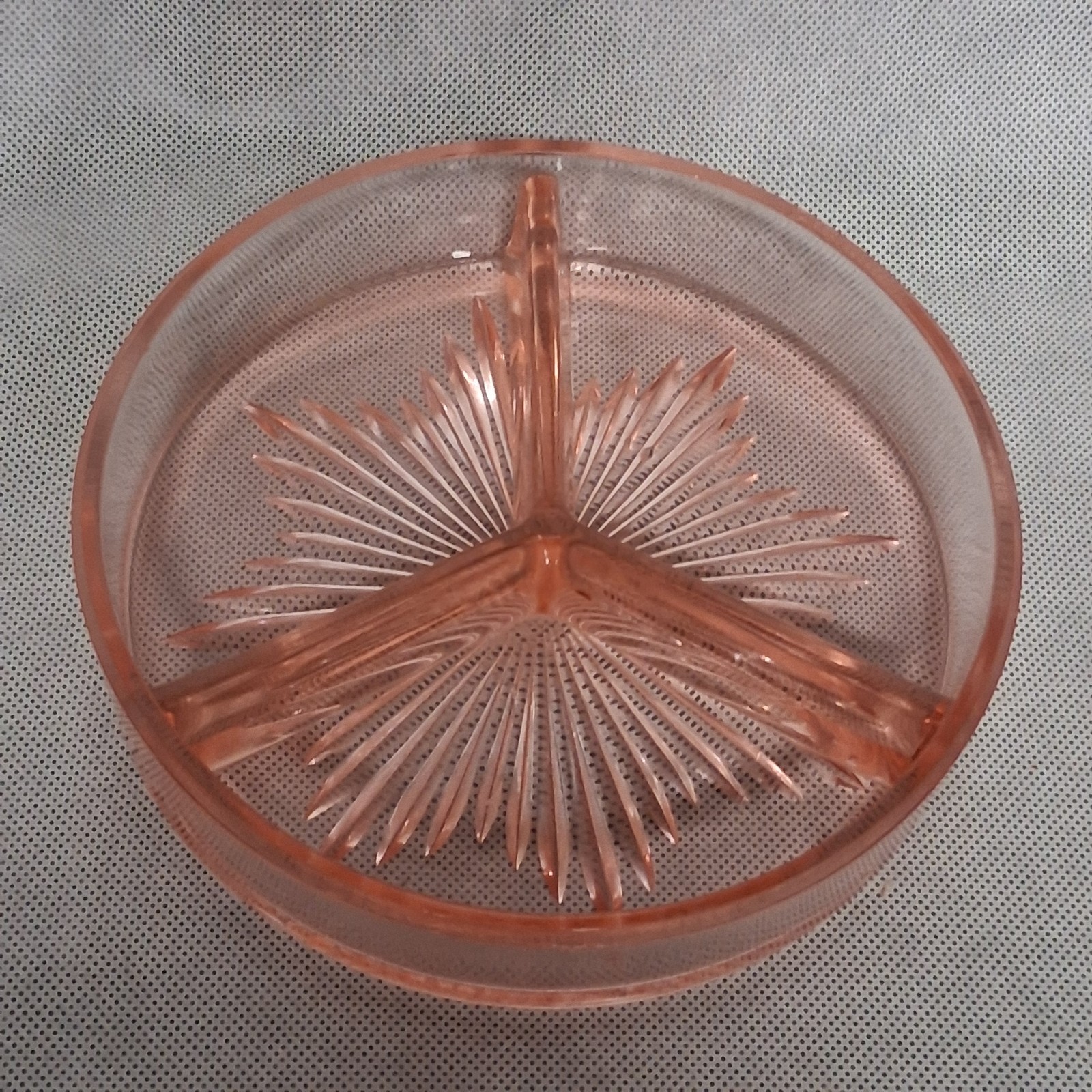 Pink Depression Glass Candy Nut Relish Dish 3 Part Divided Floral Lid Starburst