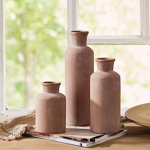 LUKA Ceramic Rustic Farmhouse Vase Set, Terracotta Decor for Bedroom, Living
