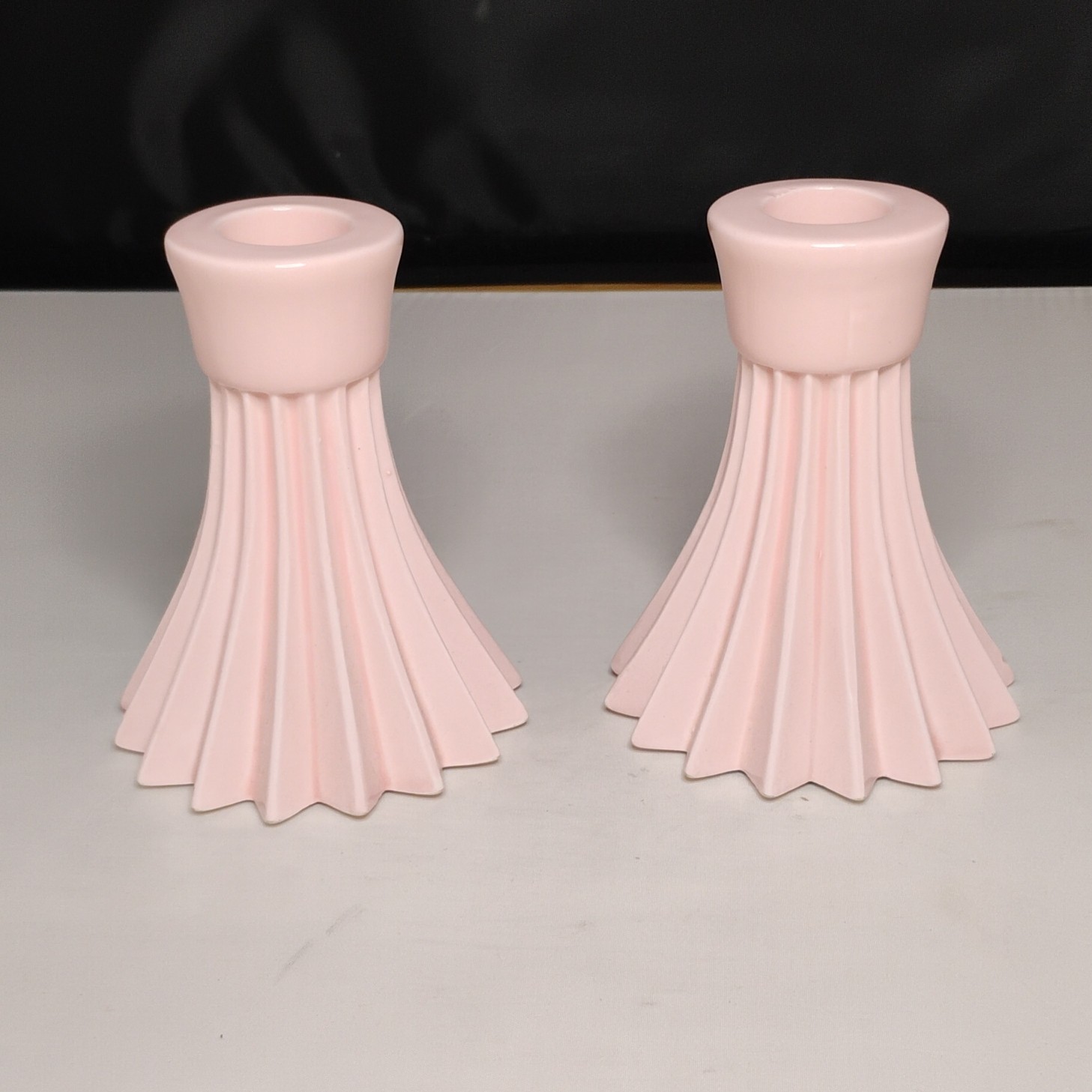 Lenox Pink Ribbed Ceramic Candle Holders Pair Glossy Handmade MCM Decor Display