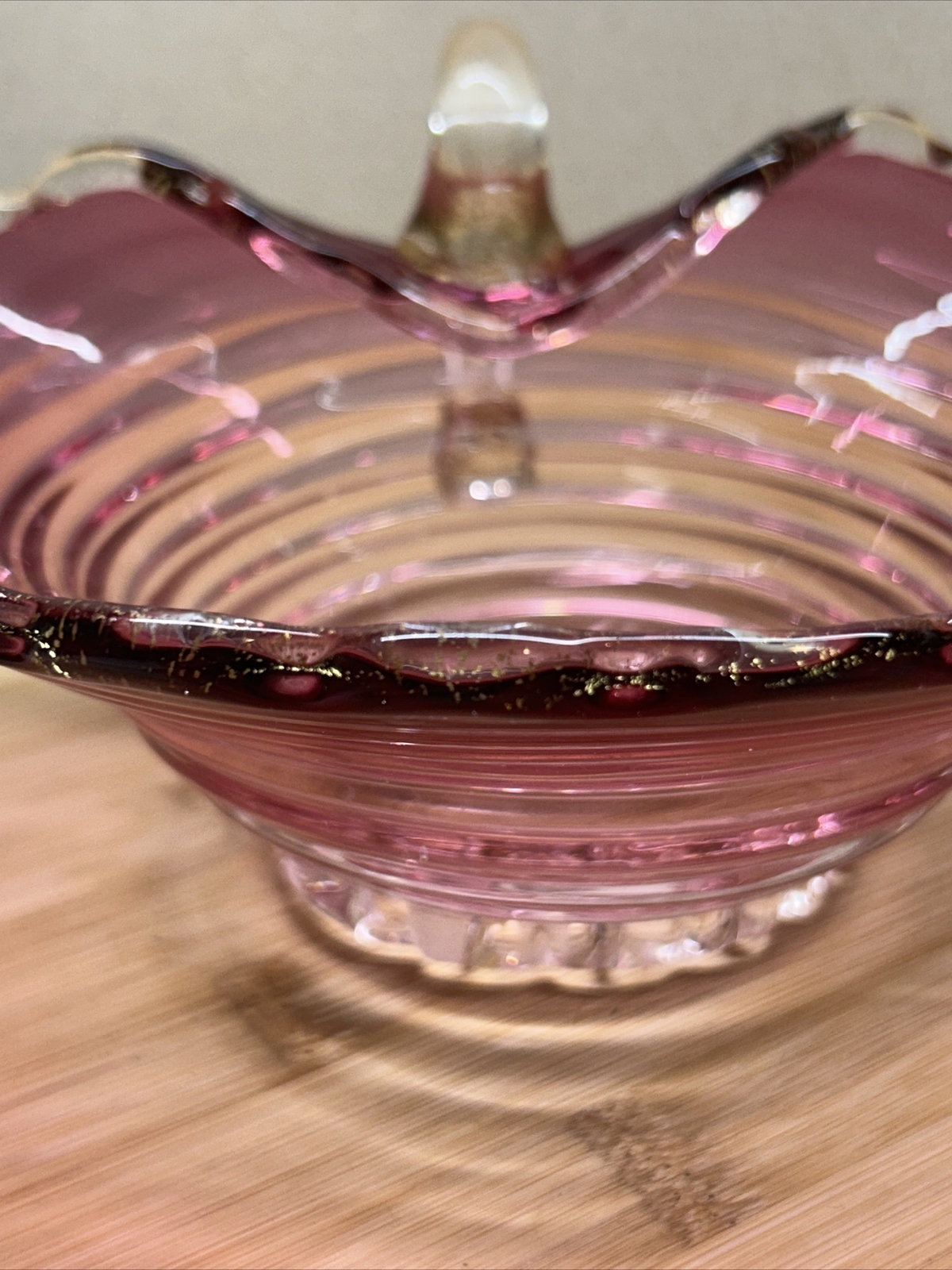 Vintage Murano Pink Swirl Ruffled Bowl With Clear Handle Italian Lovely Shape