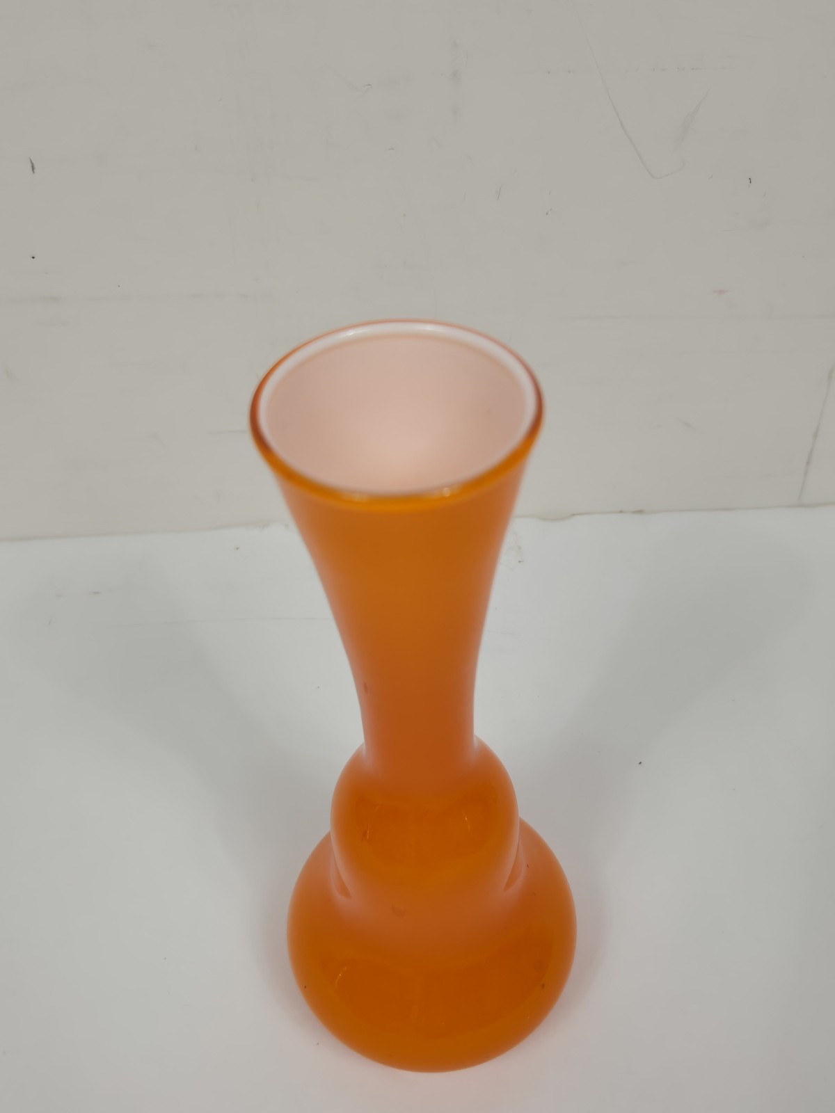 Festive Opaline Orange White Cased Art Glass Long Necked Bud Vase – 6.5″