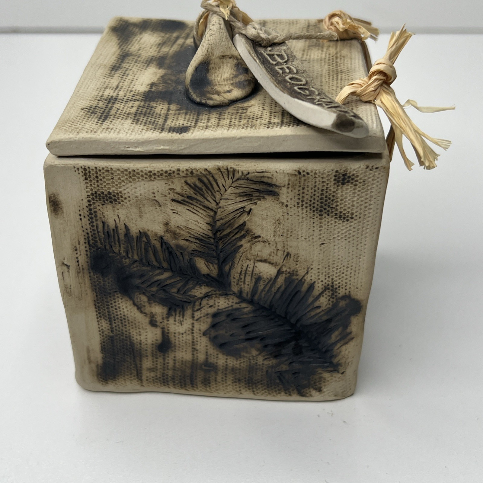 Ceramic Handmade Square Trinket Box With Lid Tan & Brown Signed