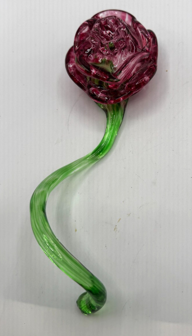 Abstract Art Glass Long Laying Flower Rose Burgundy Green 8.5″ long