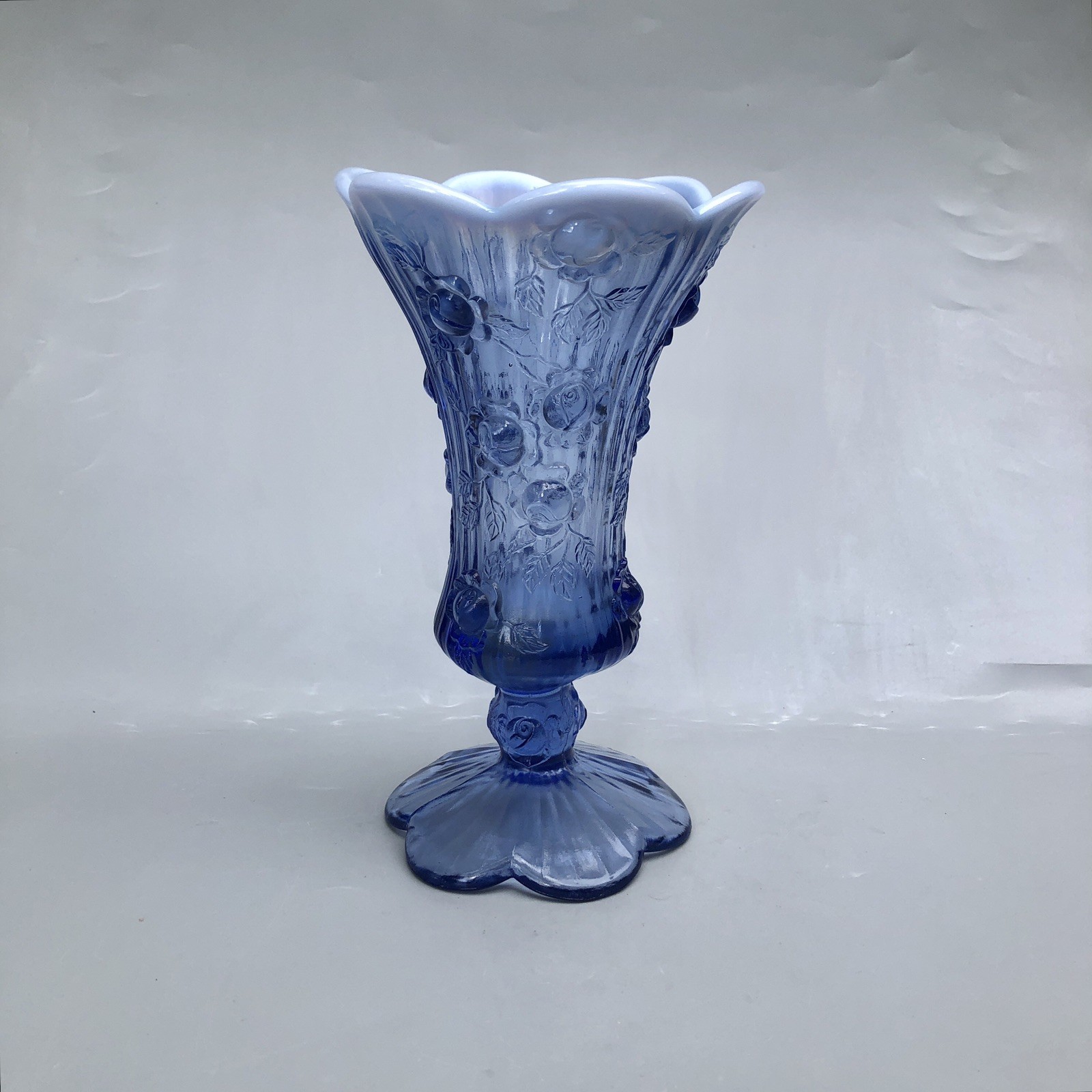 Fenton Glass Blue Opalescent Cabbage Rose Footed Vase Manganese UV Glow