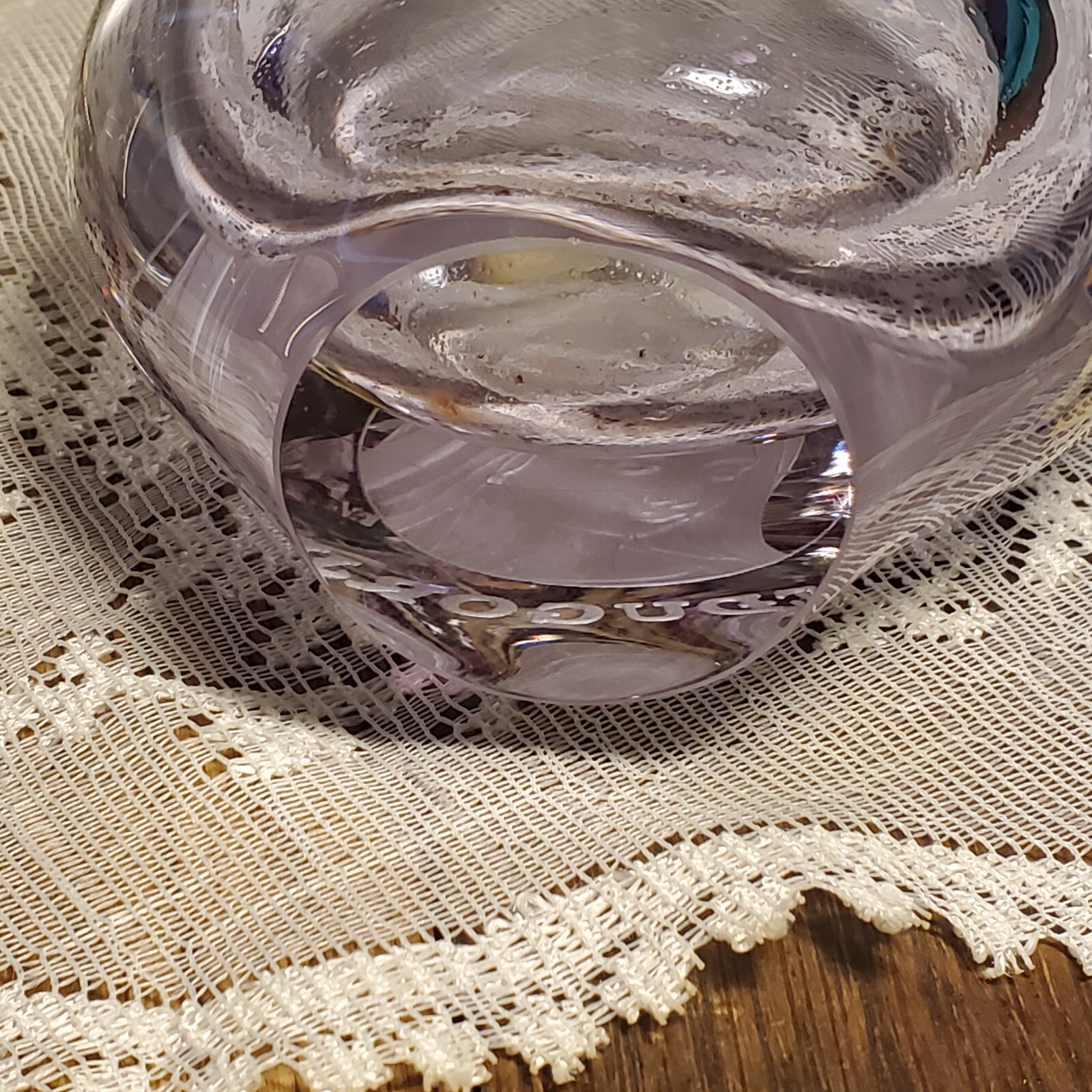 Art Glass Tear Drop Vase Lavender Etched w/ Our Lady of Medjugorje 5 1/4 inch