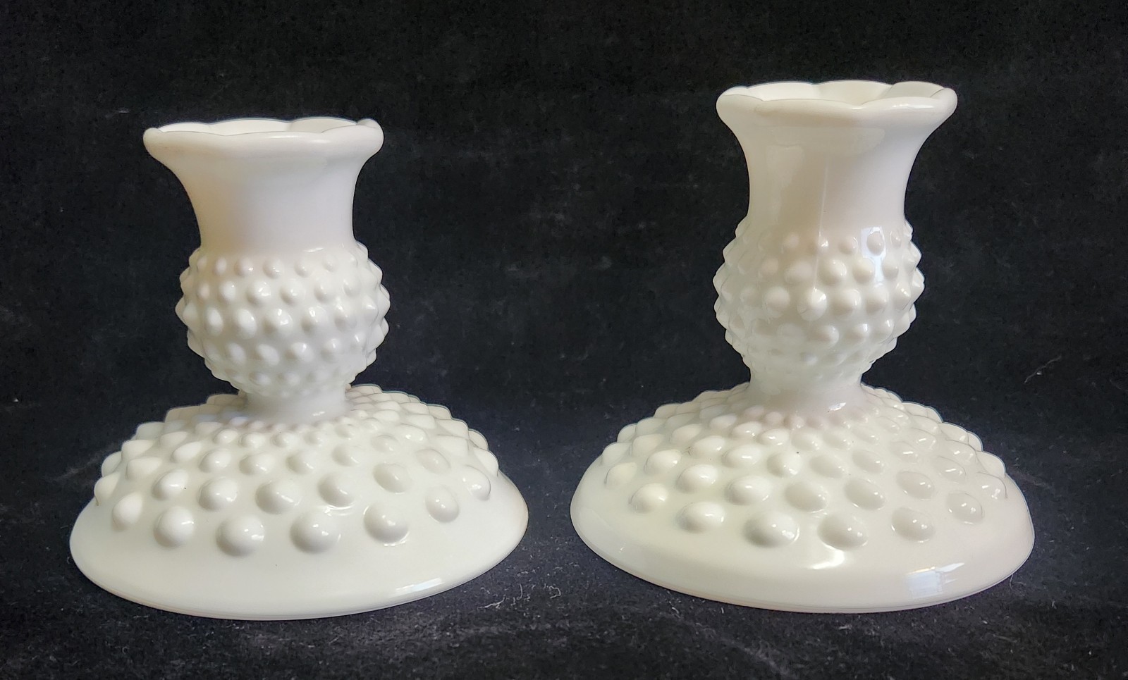 Set Of Vintage Fenton White Hobnail Milk Glass 4” Candle Holders