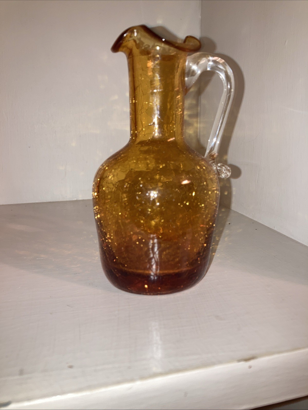 Vintage Amber Crackle Glass Small Pitcher or Vase Hand Blown Applied Handle
