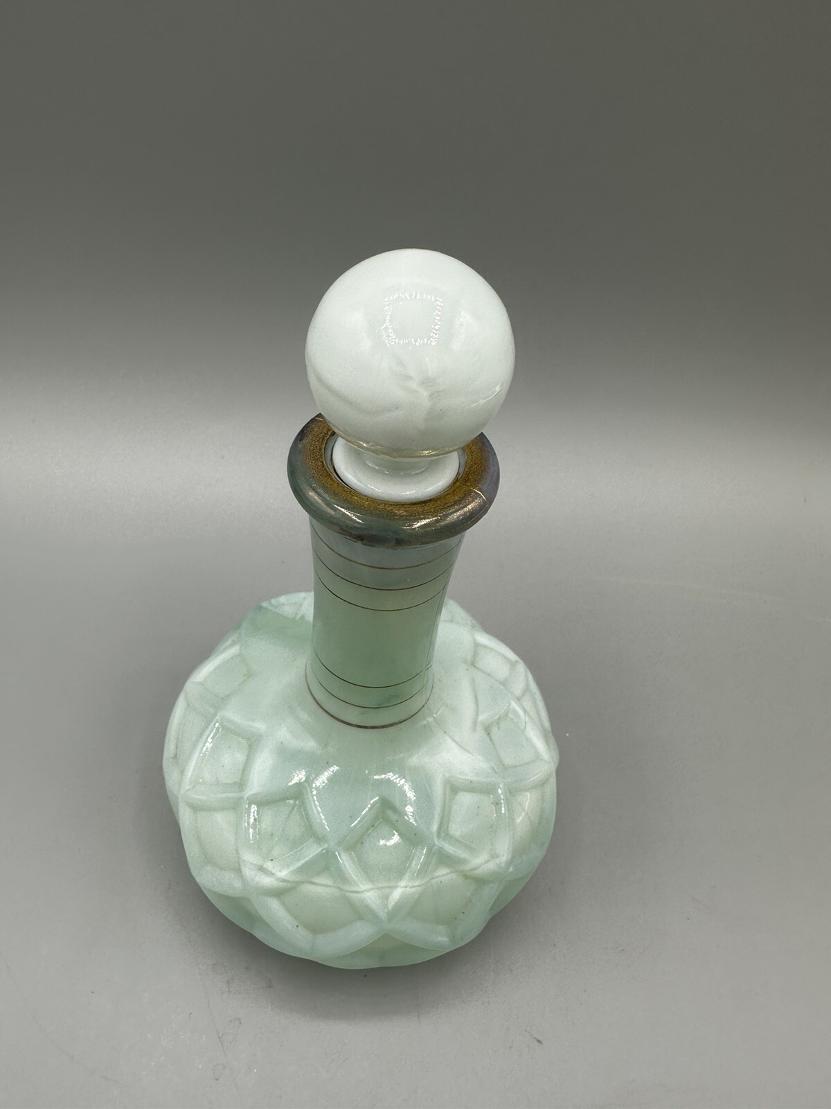 Vintage Mint Green Satin Glass Perfume Bottle Diamond Optic Stopper