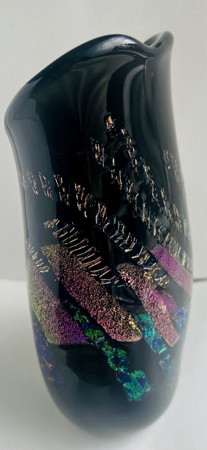 Signed Somewhere Studio 2014 Dichroic Iridescent Art Glass Vase Blue Magenta