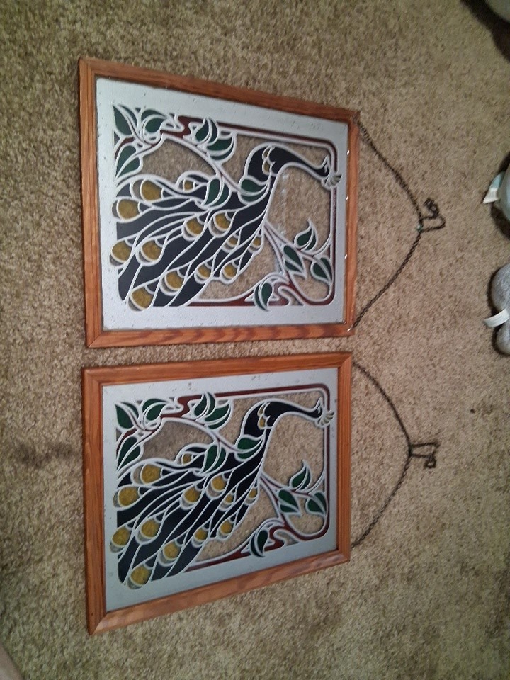 Pair of Framed Decorative Peacock Stained Glass Window Panels, Multicolor, Wood