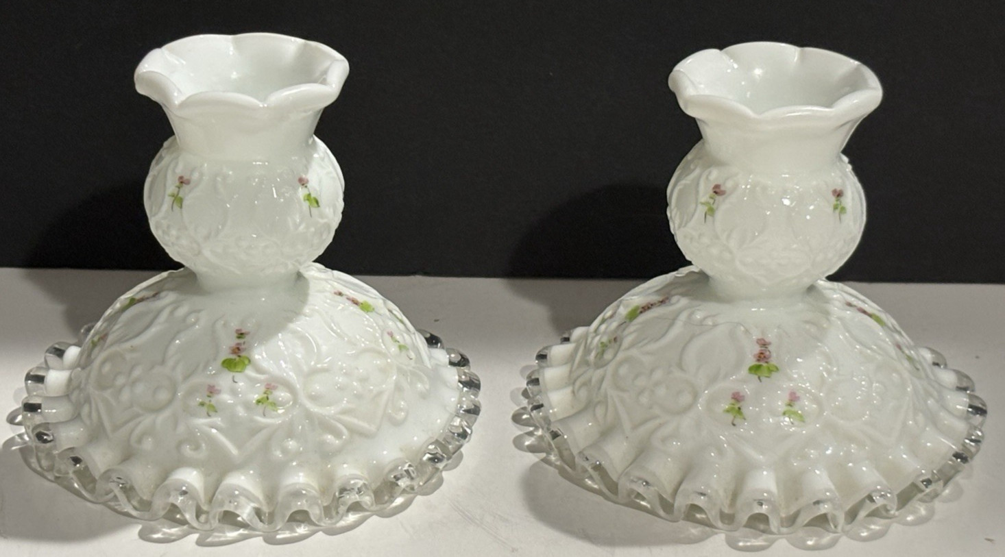 Fenton Milk Glass Handpainted Violets on Snow Candle Stick Holders -signed