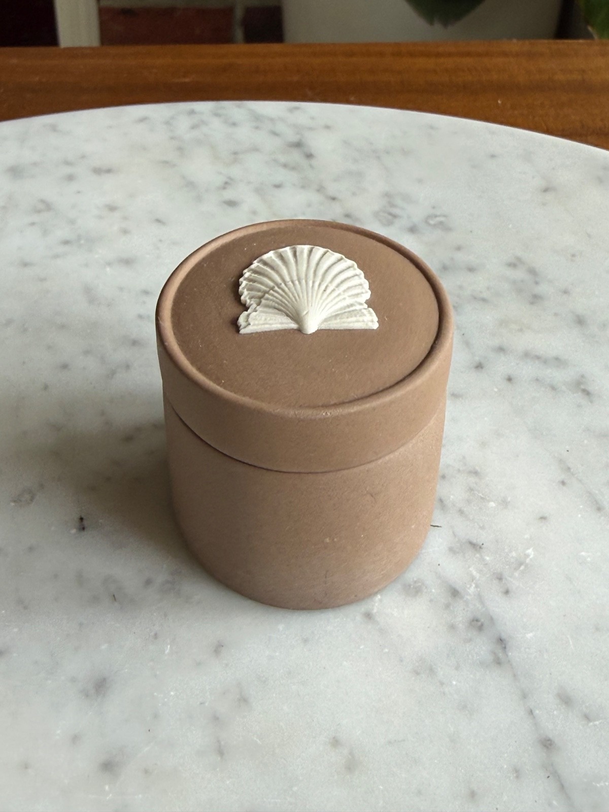Wedgwood Brown Jasperware Small Oval Shaped Lidded Box With Shell