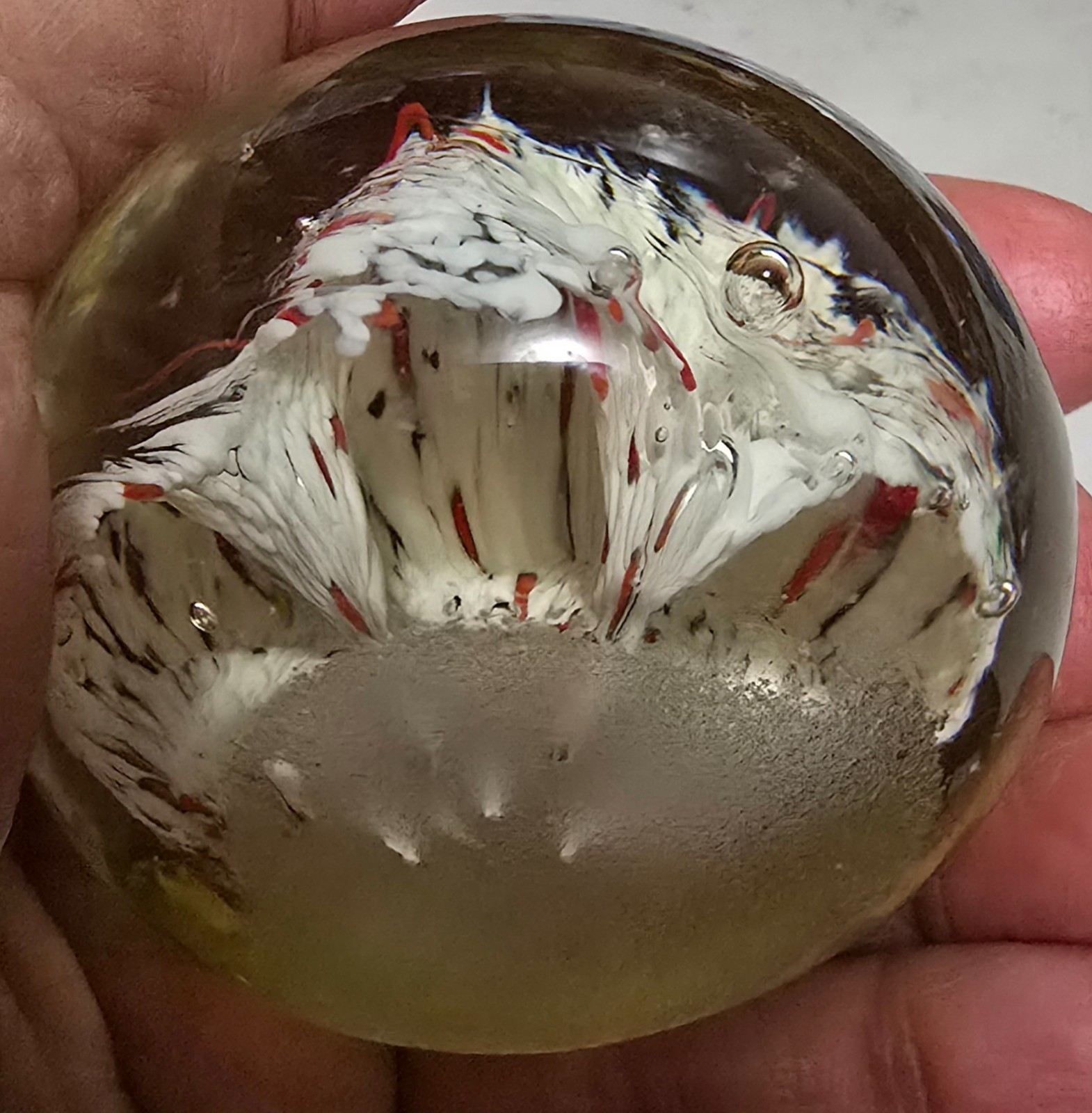 1 7/8 tall X 2 3/8 wide 7.9oz blown glass paperweight bubbles confetti trees MCM