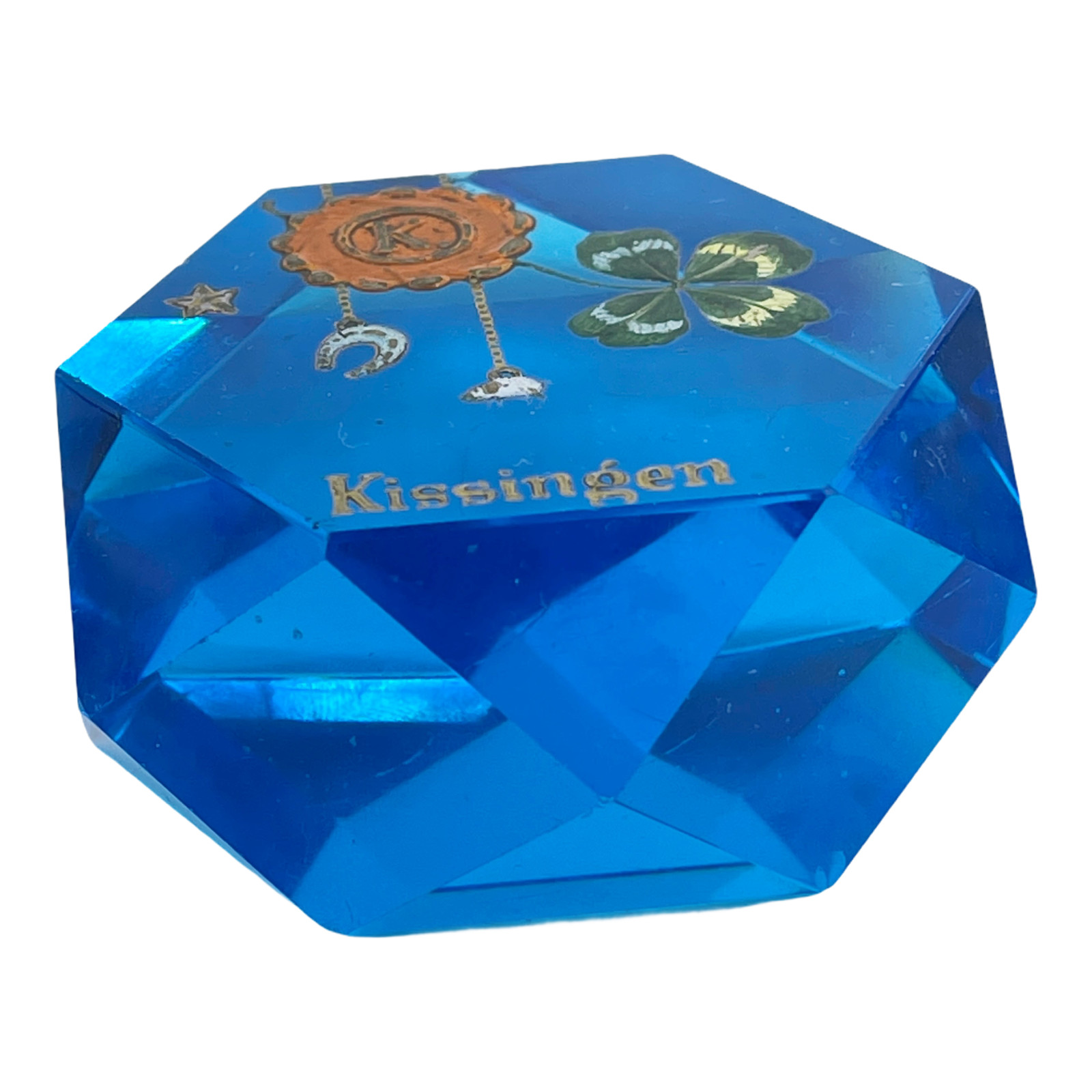 Vintage Crystal Art Glass Blue Faceted Paperweight Hand Painted Kissingen Clover