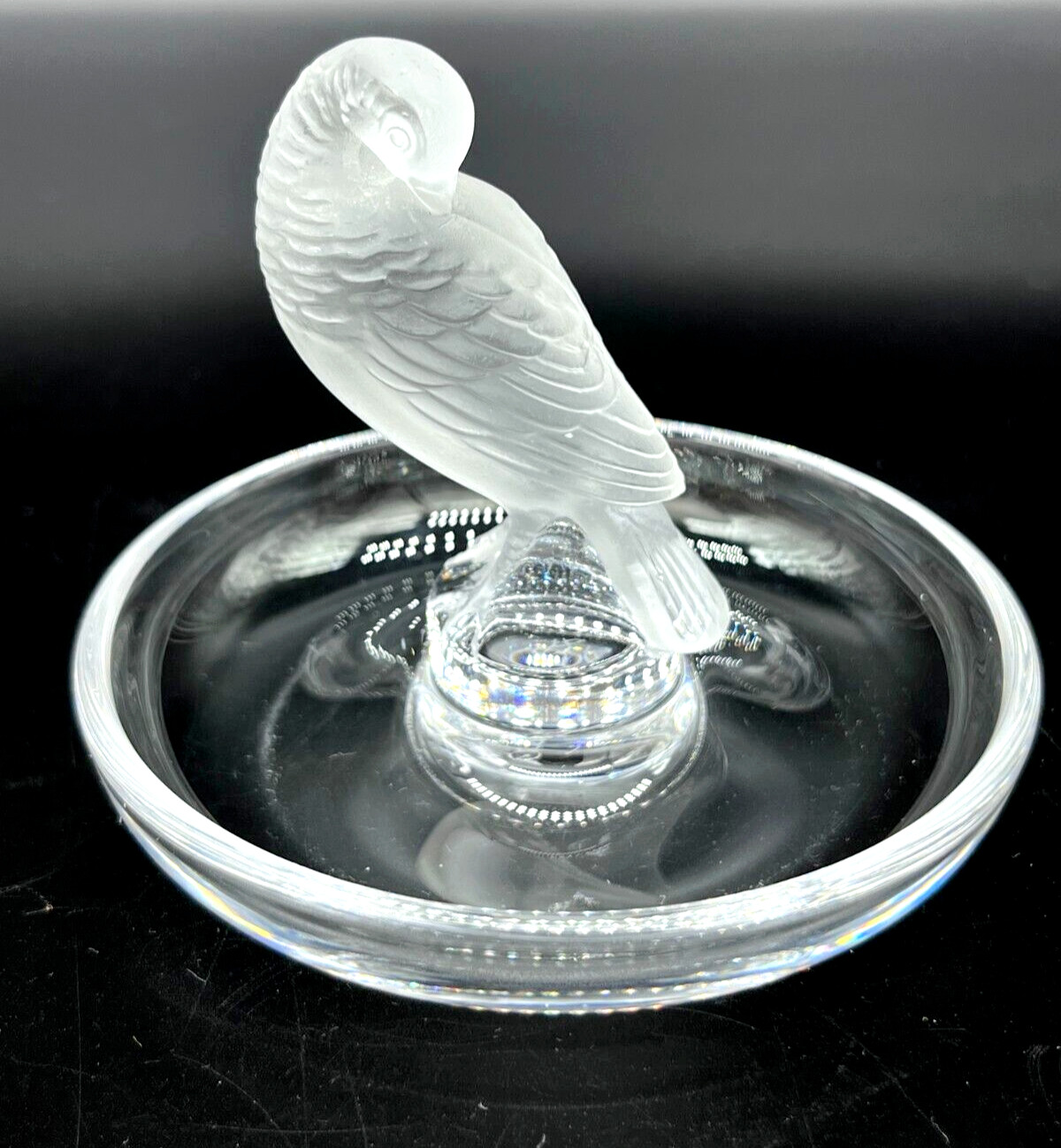 Lalique France Crystal Turtle Dove Bird Frosted Ring Trinket Dresser Signed Dish