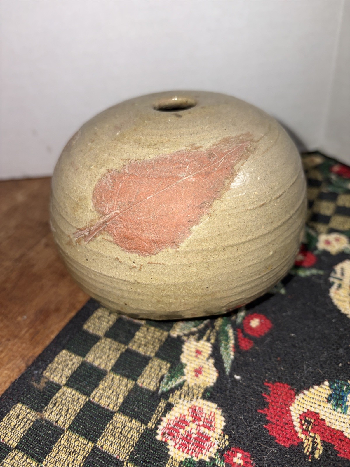 Studio Potter Bud Vase Spherical Shape Pressed Impressions Leaves