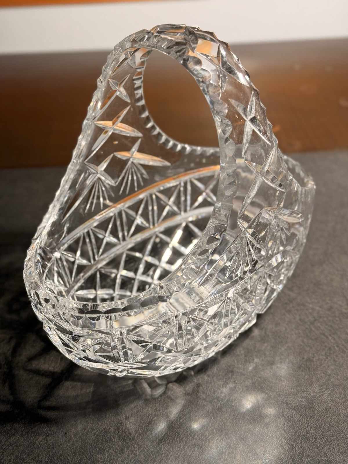 Vintage Heavy Cut CRYSTAL BASKET w/ Handle & Etched Stars, 3.75” tall