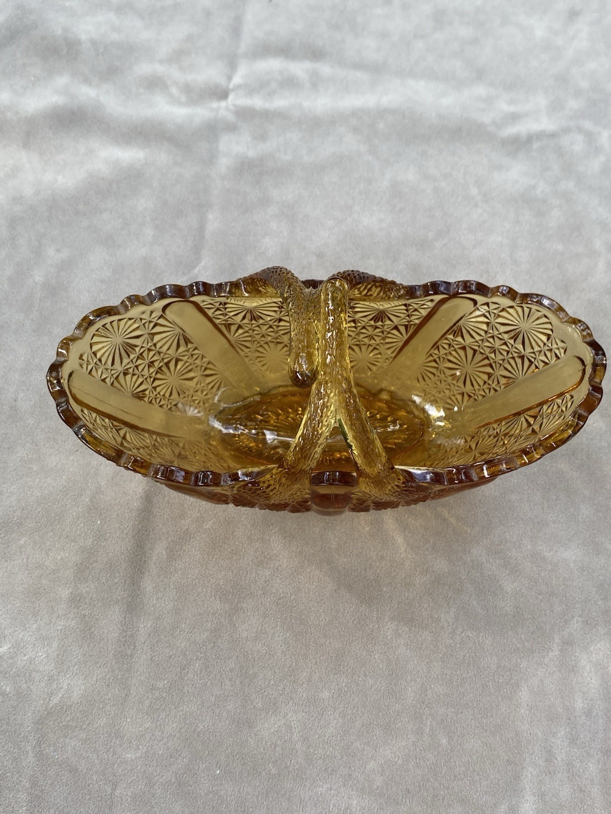 Vintage Fenton Glass Honey Amber Daisy Button Basket with Split Twig Handle