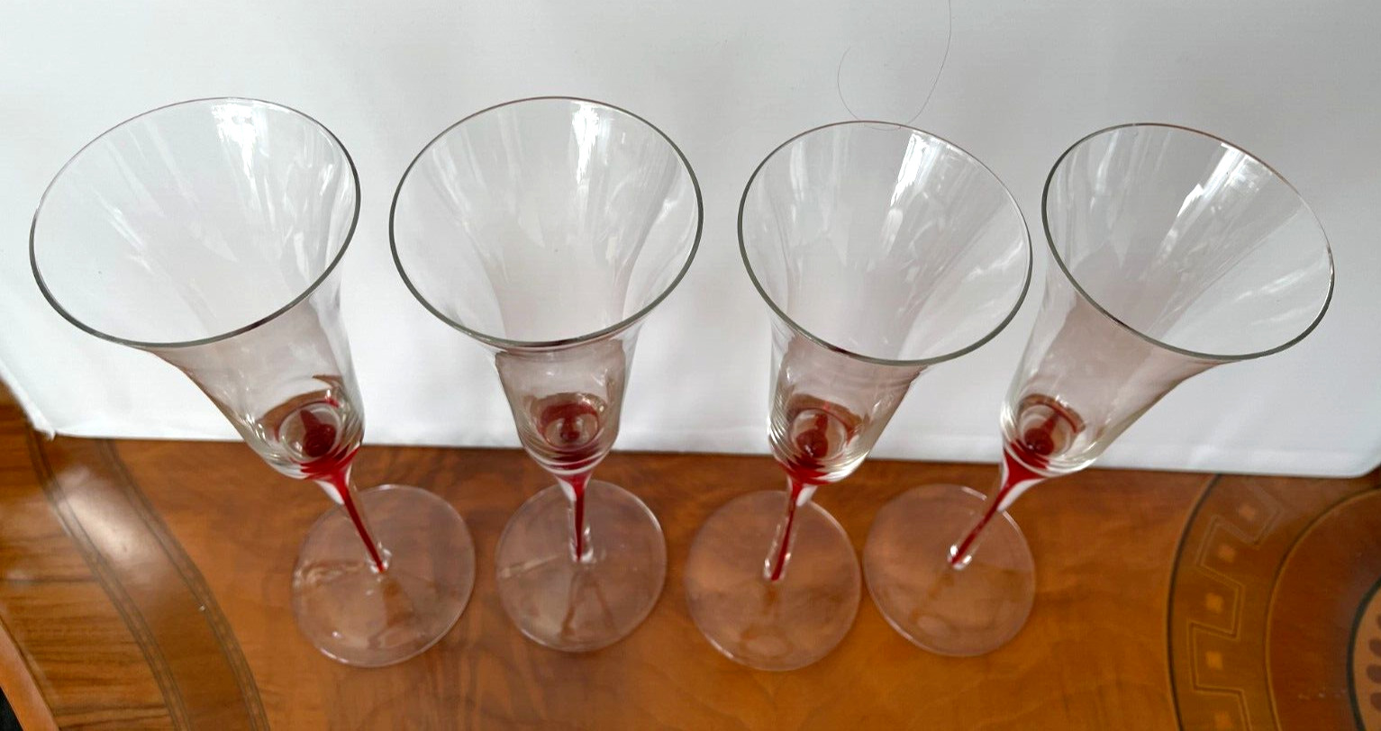 Murano Glass Champagne Flutes Clear Red drop Stem Set of 4 handblown glasses