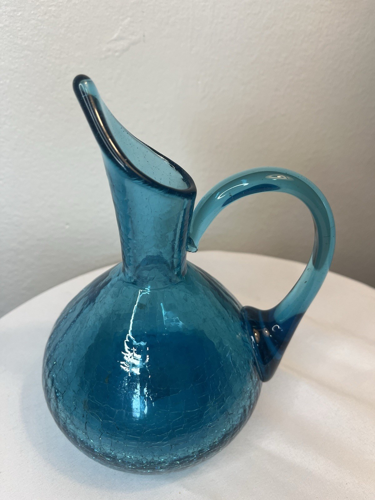 Vtg MCM Blenko Attributed Winslow Anderson Blue Crackle Glass Pitcher 8”
